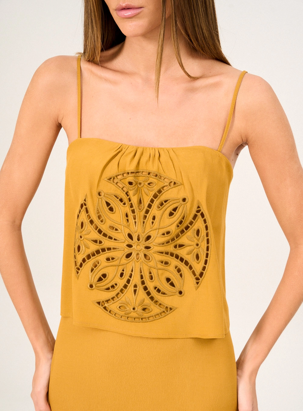 Vestido Longo De Alças Com Bordado Vazado Amarelo 3