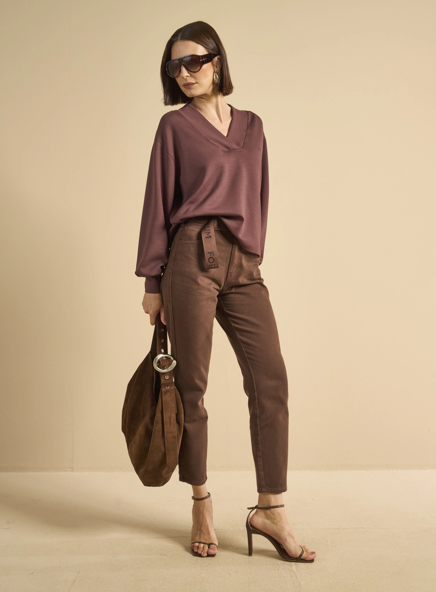 Blusão Feminino Solto Decote V Marrom