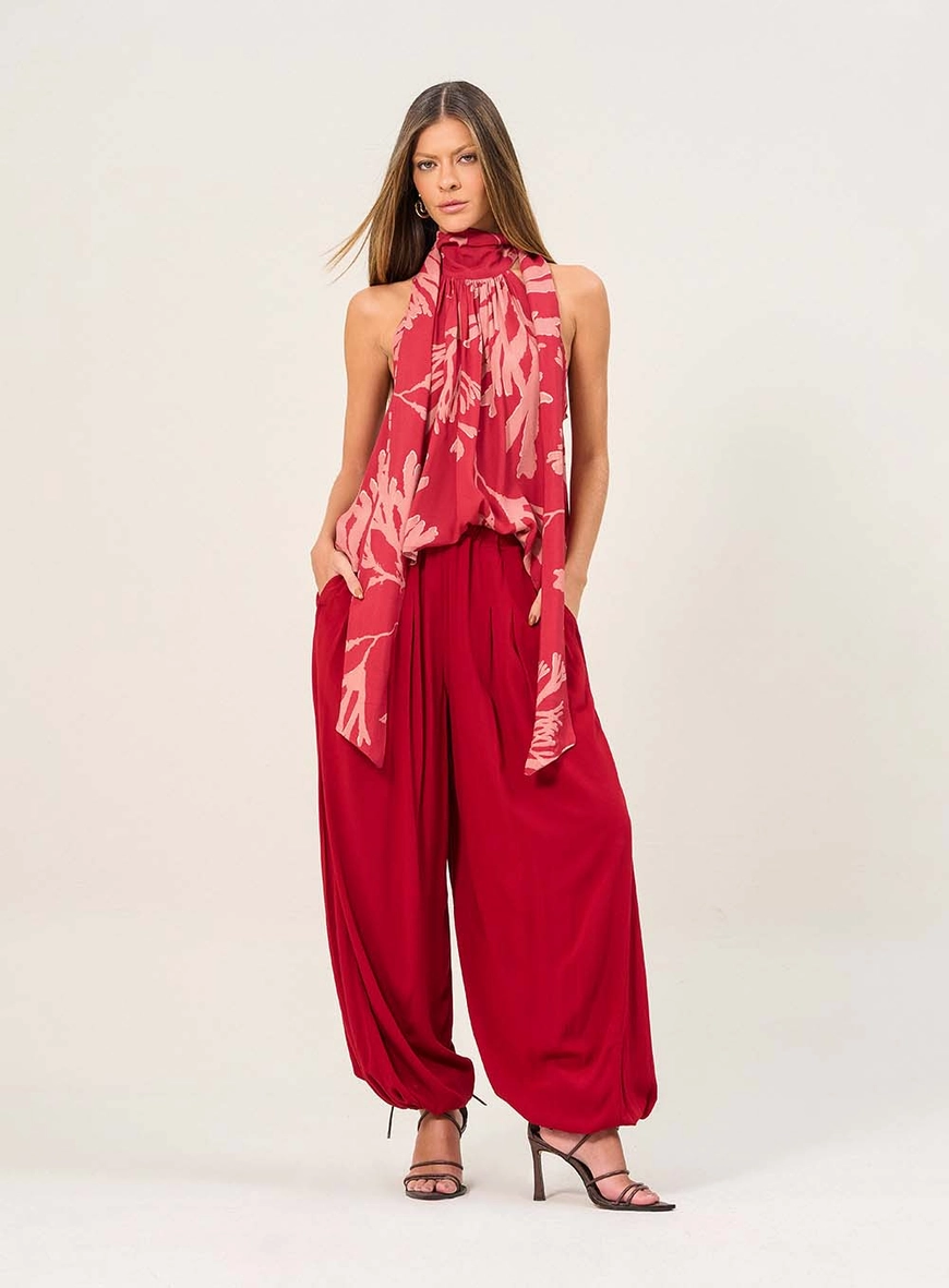 Calça Ampla Com Elástico Na Cintura E Amarração Vermelho 4