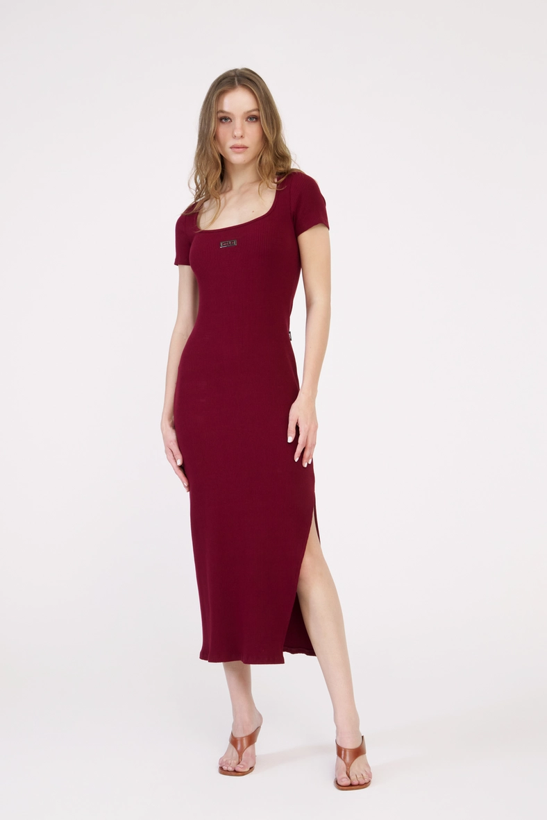 Vestido Midi Slim Canelado Bordô 1