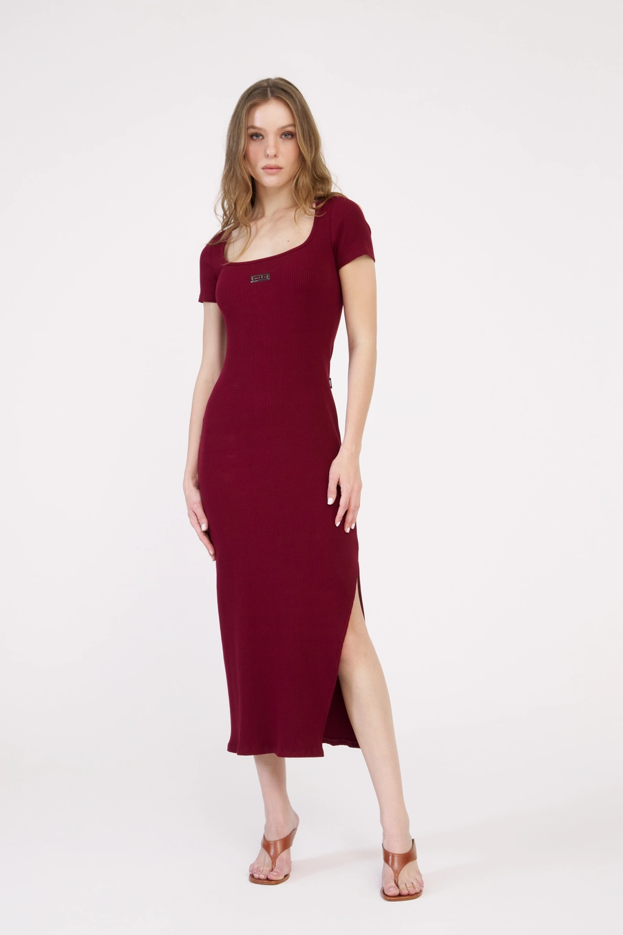 Vestido Midi Slim Canelado Bordô 1