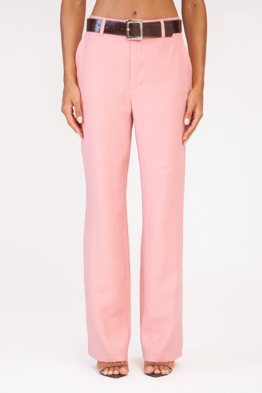 Calça Alfaiataria Feminina Reta Média Com Cinto Rosa 3
