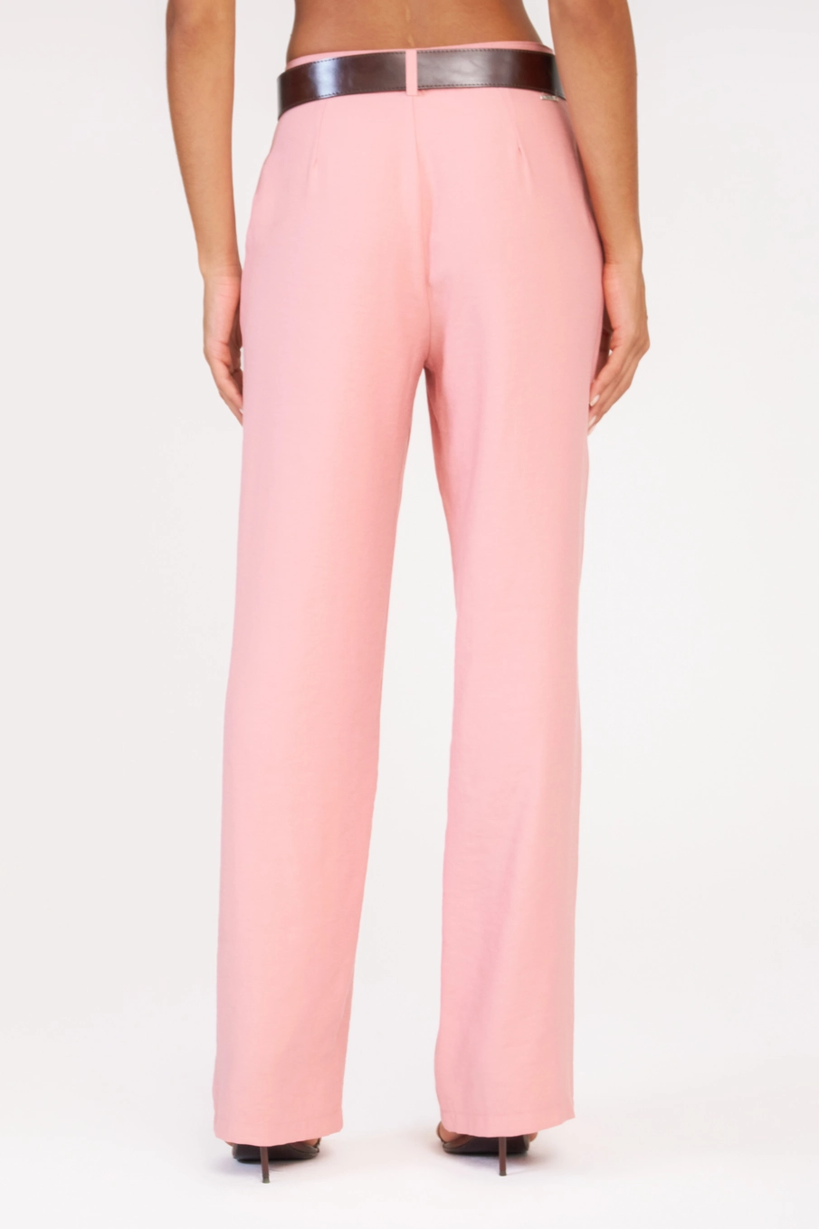 Calça Alfaiataria Feminina Reta Média Com Cinto Rosa 4