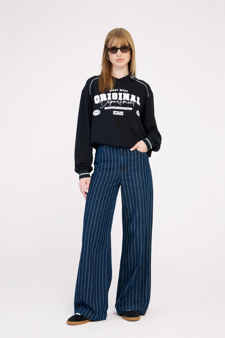 Calça Jeans Feminina Wide Leg Listrada Estampados 1