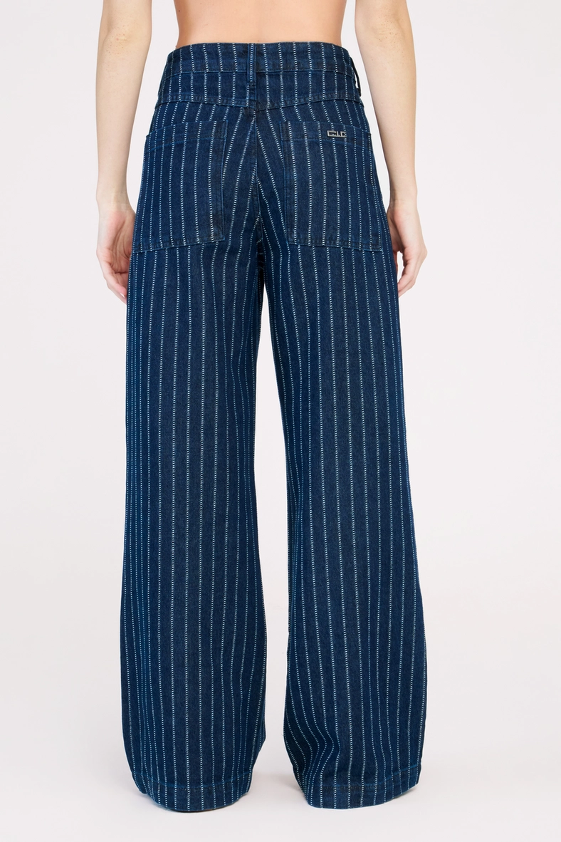 Calça Jeans Feminina Wide Leg Listrada Estampados 4