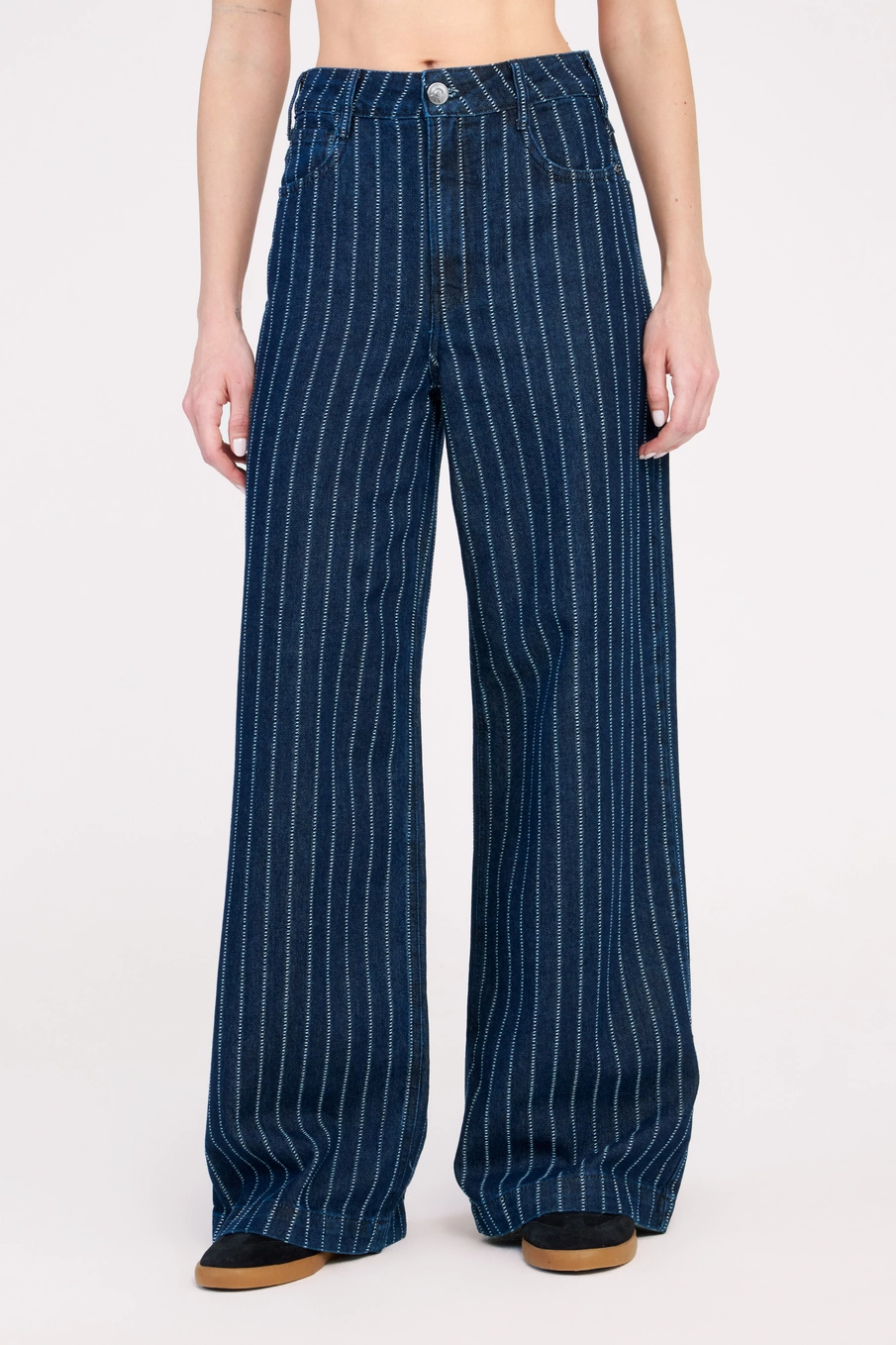 Calça Jeans Feminina Wide Leg Listrada Estampados 3