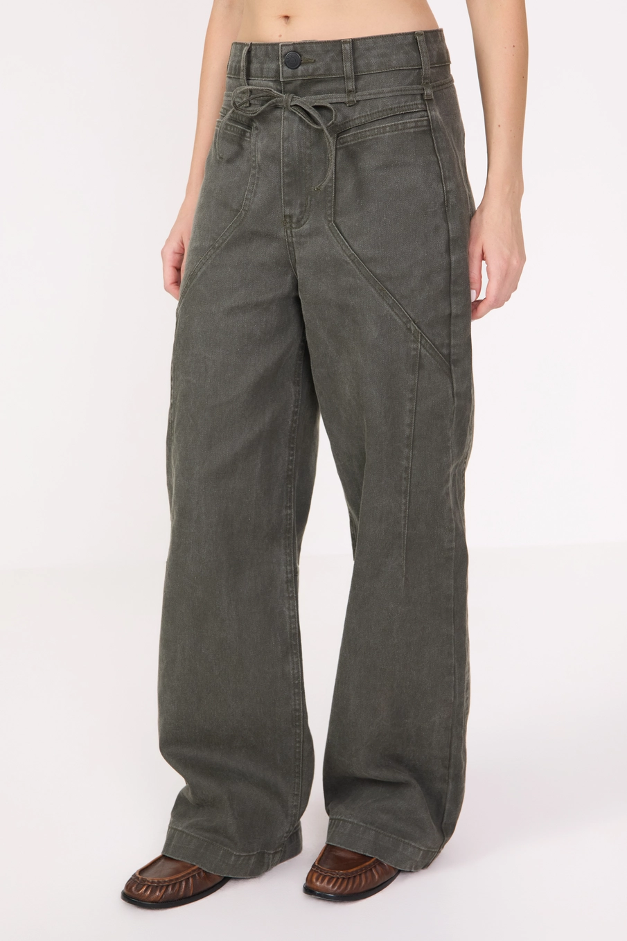 Calça Sarja Feminina Loose Fit Com Bolsos Frontais Verde 3