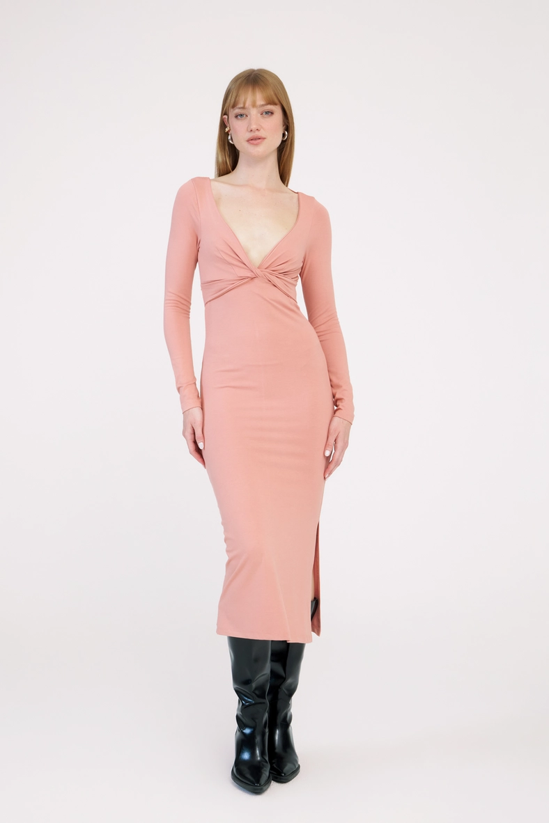 Vestido Midi Small Manga Longa Com Torção Rosa 1