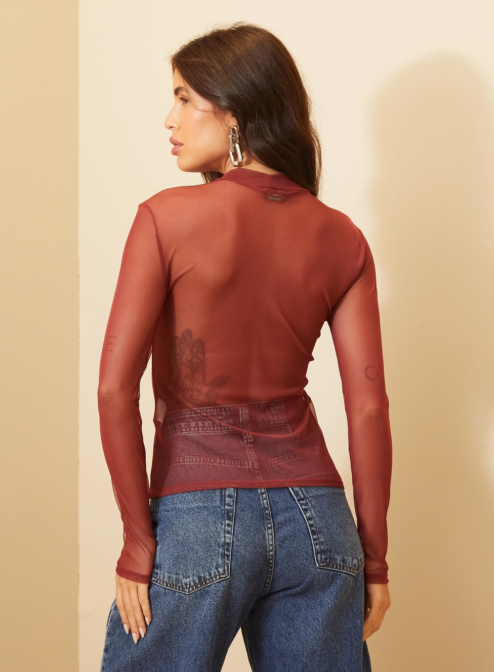 Blusa Slim Tule Manga Longa Vermelho 4