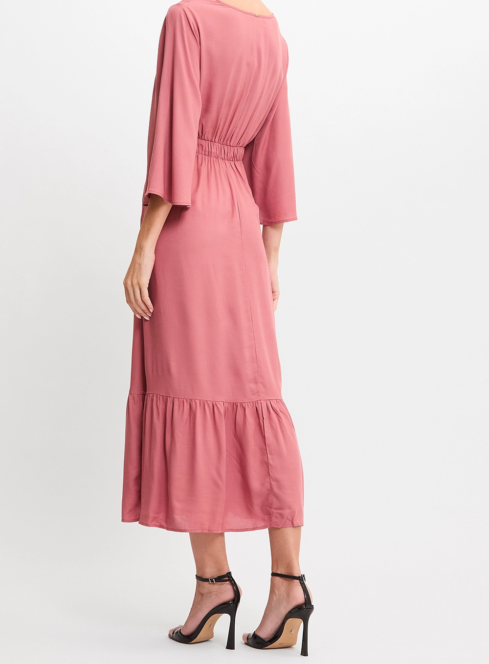 Vestido Midi Evasê Manga Ampla Rosa 2