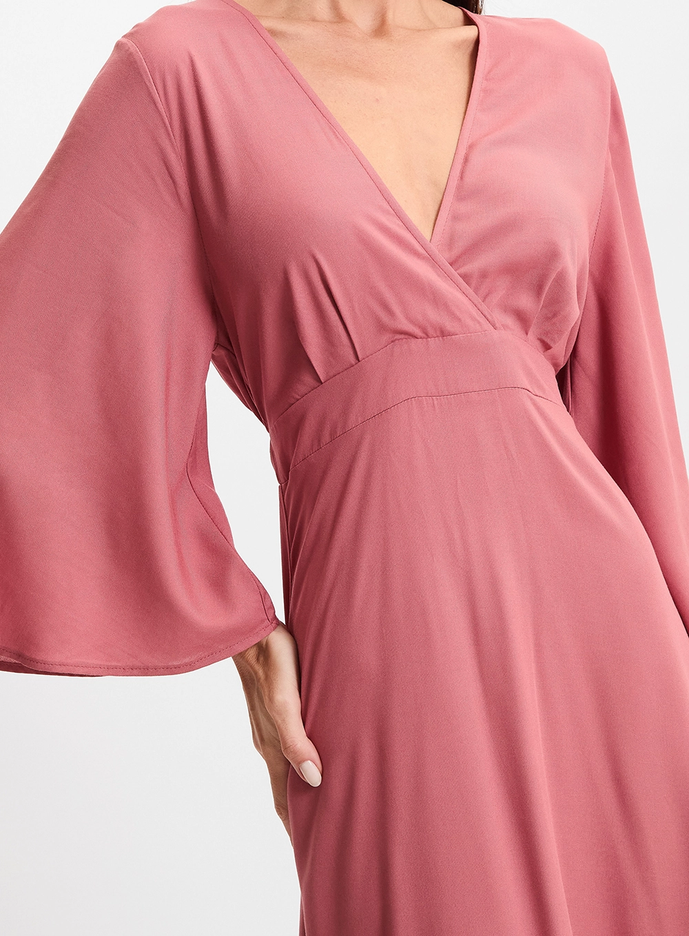 Vestido Midi Evasê Manga Ampla Rosa 4