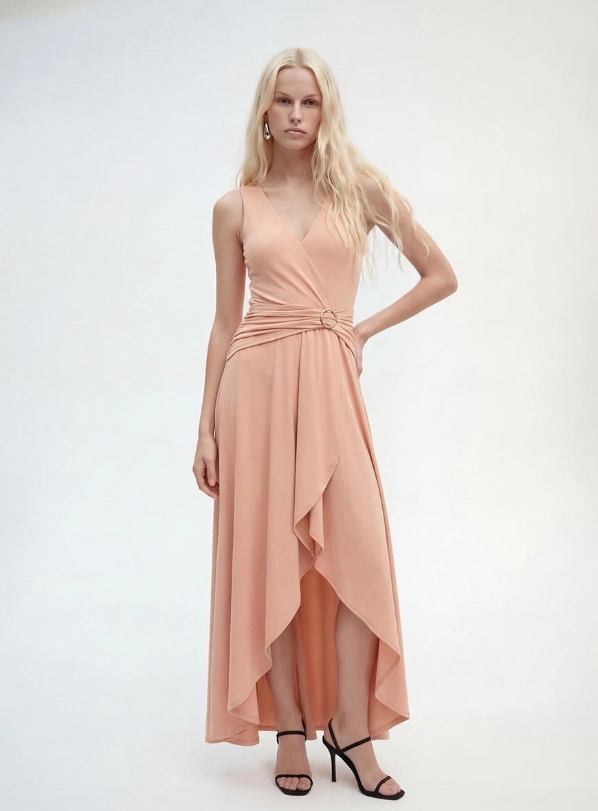 Vestido Longo Mullet Transpassado Com Argola Bege 3