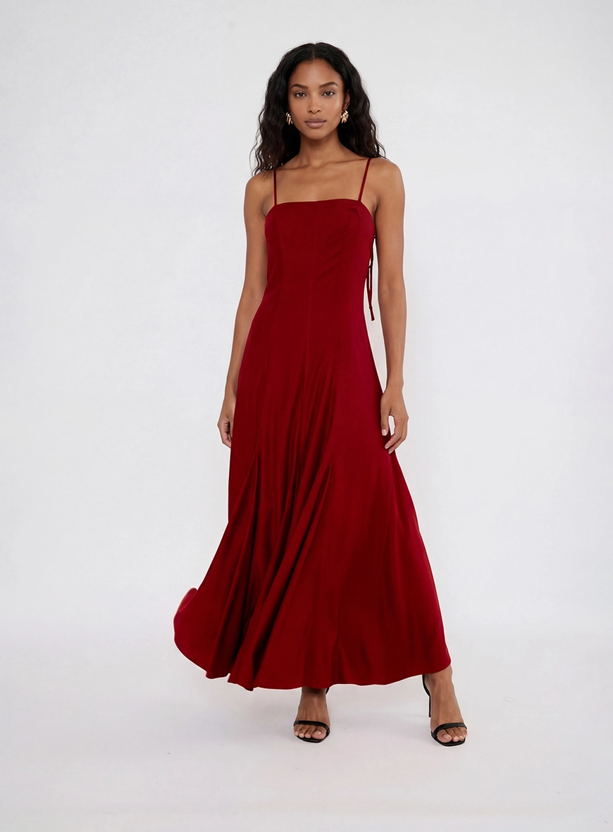 Vestido Longo Evasê Com Amarração Vermelho 3