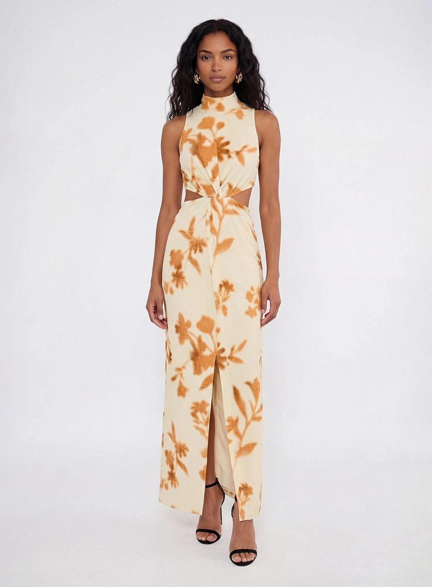 Vestido Longo Slim Com Recortes - Flores Inverno Estampados 1