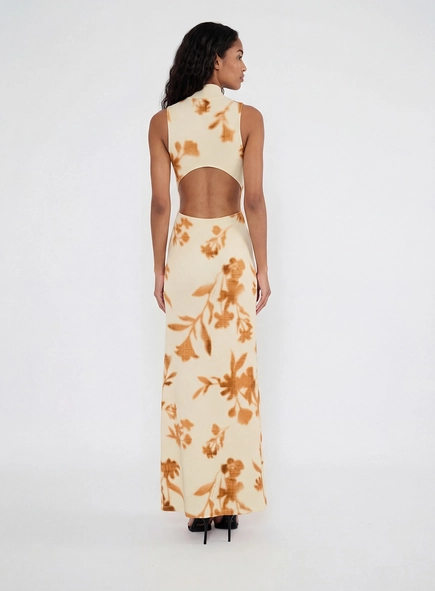 Vestido Longo Slim Com Recortes - Flores Inverno