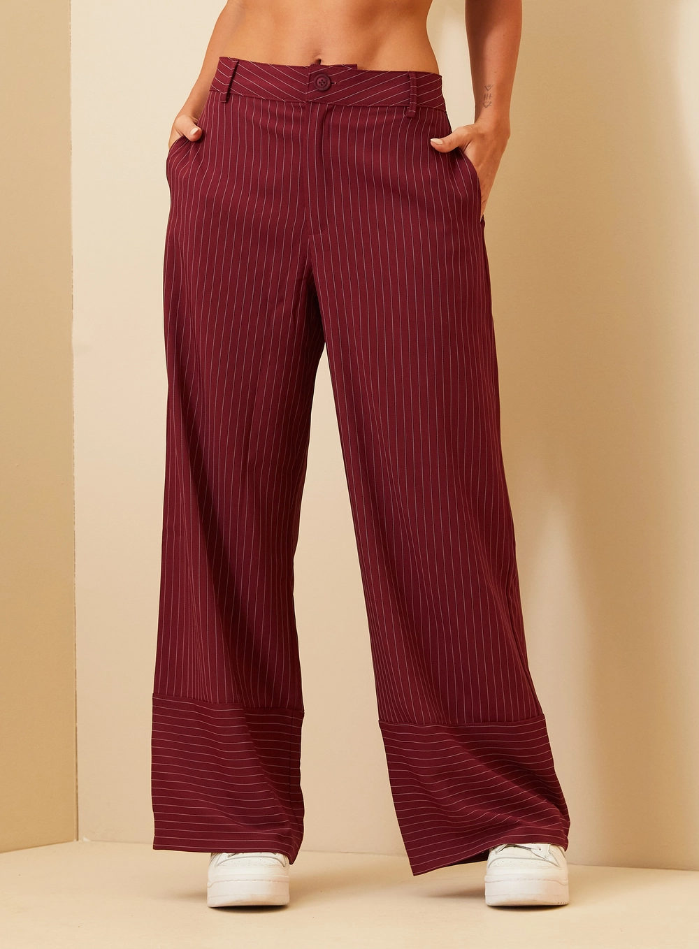 Calça Feminina Listrada Risca De Giz - Wide Leg Estampados 3