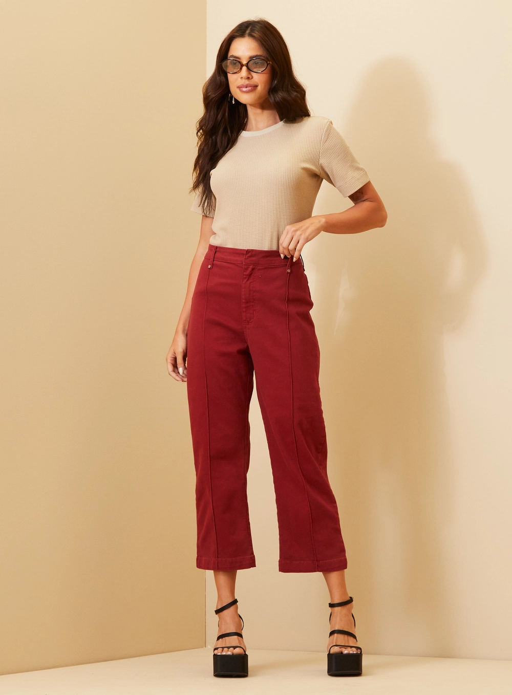 Calça Feminina Sarja Cintura Alta - Carol Vermelho 1