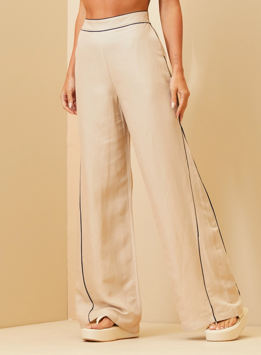 Calça Feminina Com Linhas Contrastantes - Wide Leg Bege 2