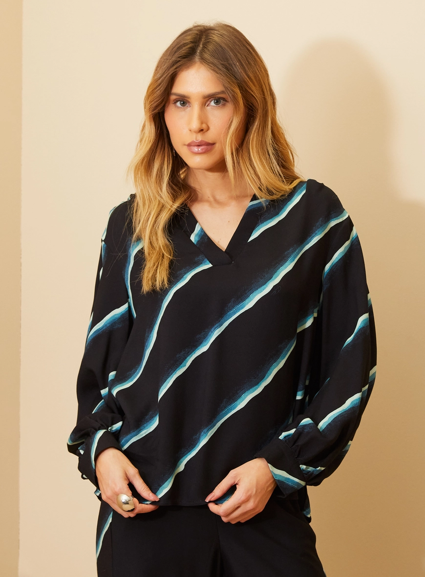 Blusa Feminina Estampada Decote V Manga Longa Estampados 1
