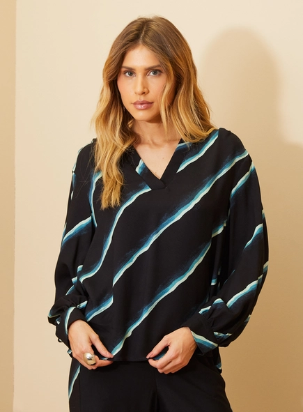 Blusa Feminina Estampada Decote V Manga Longa