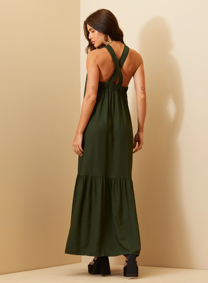 Vestido Feminino Longo Frente Única Com Babado Verde 4