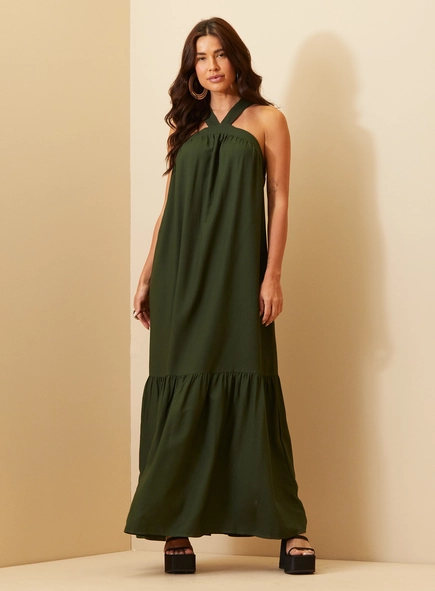 Vestido Feminino Longo Frente Única Com Babado