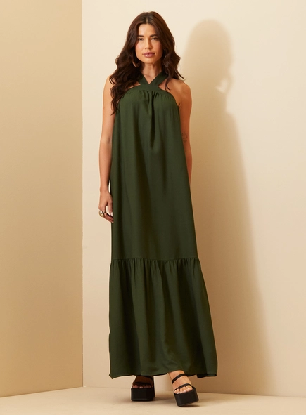 Vestido Feminino Longo Frente Única Com Babado