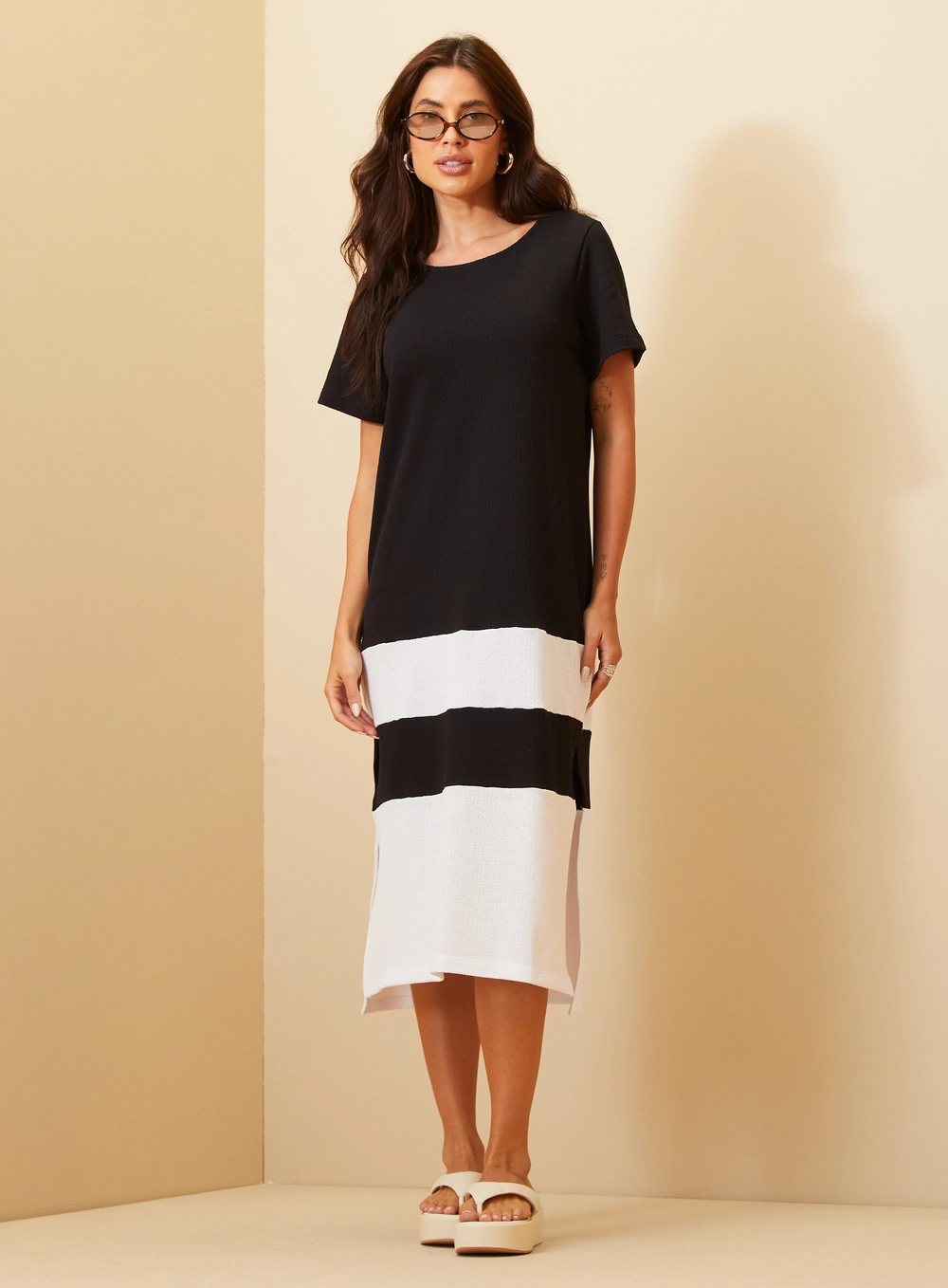 Vestido Feminino Midi Bicolor Com Fenda Estampados 2