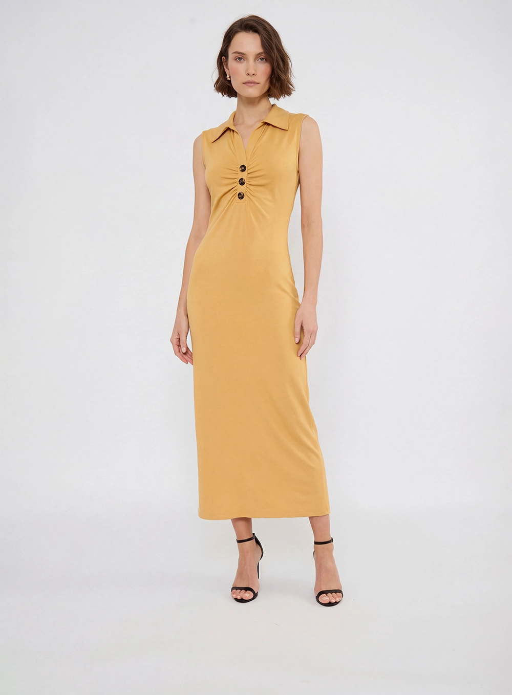 Vestido Midi Slim Com Gola Amarelo 1