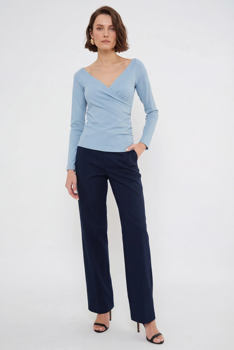 Blusa Slim Manga Longa Transpassada Azul 3