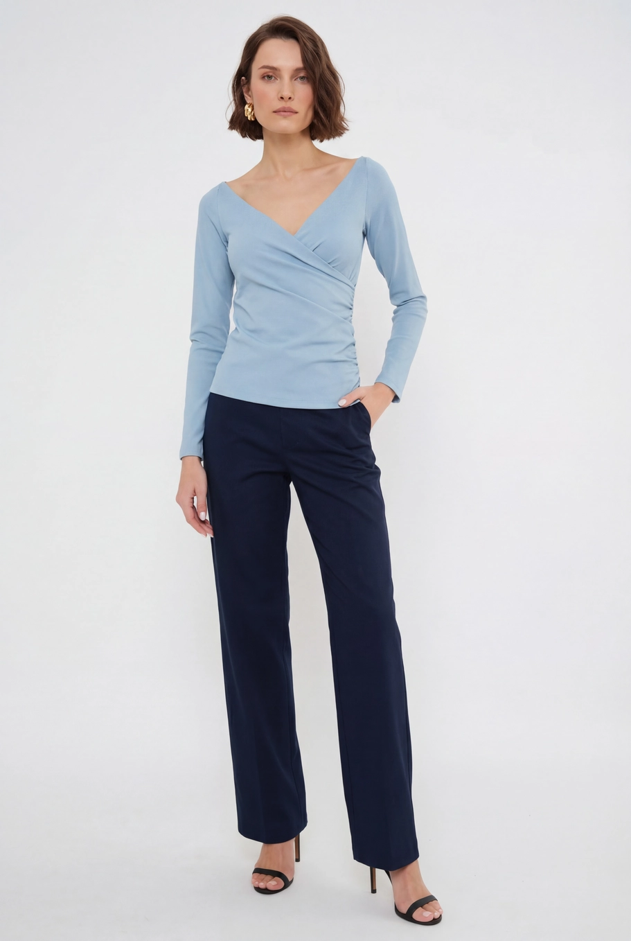 Blusa Slim Manga Longa Transpassada Azul 3