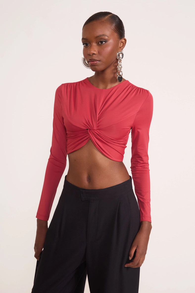 Blusa Cropped Manga Longa Com Nó Central