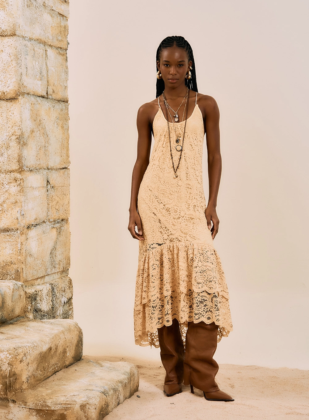 Vestido Midi Renda Boho Bege 4