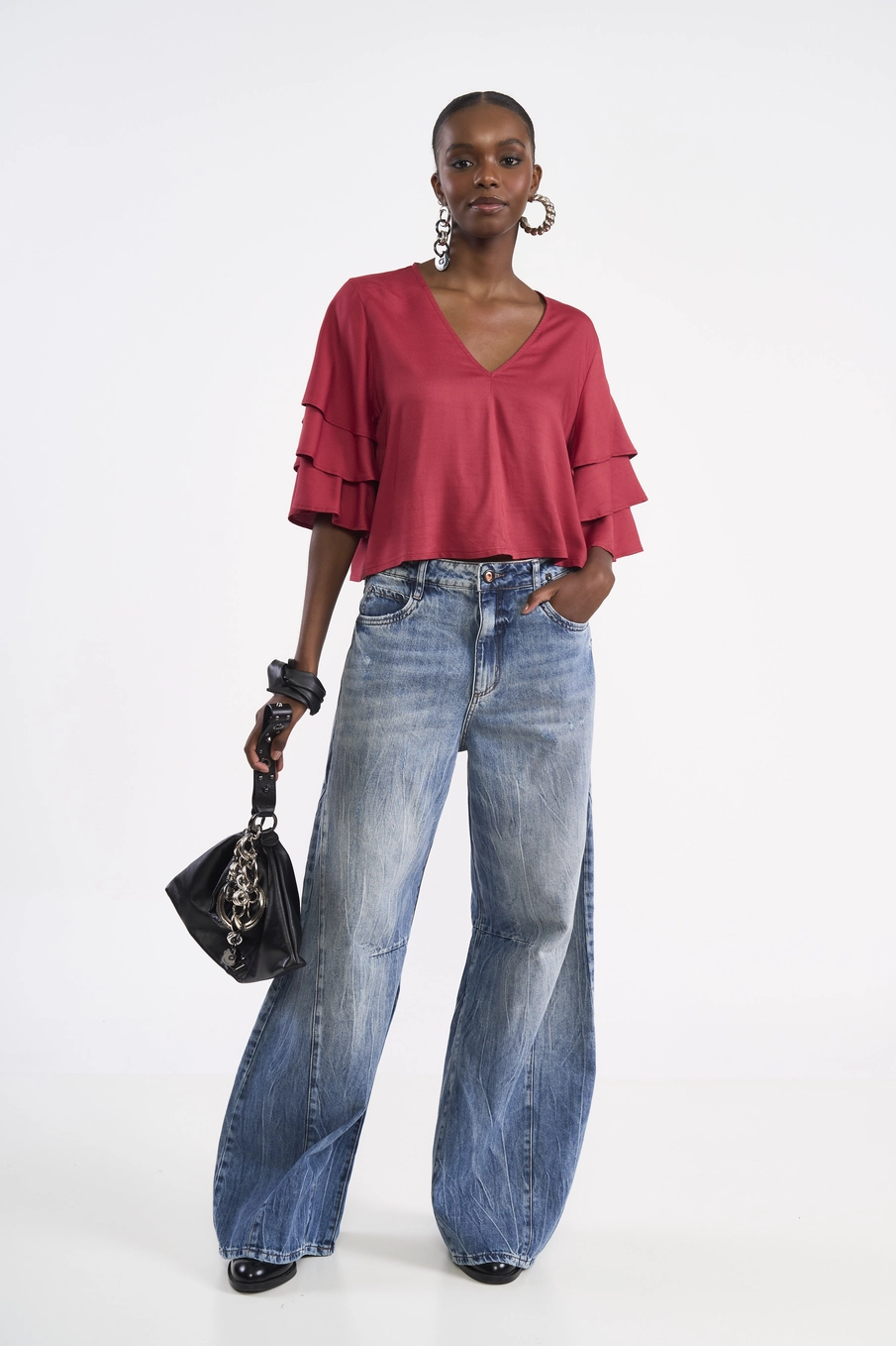 Blusa Cropped Com Mangas De Babados Vermelho