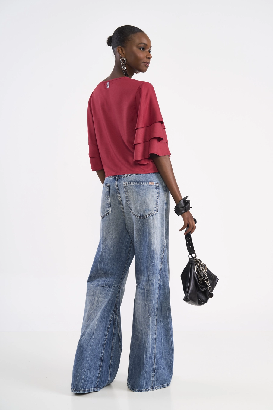 Blusa Cropped Com Mangas De Babados Vermelho