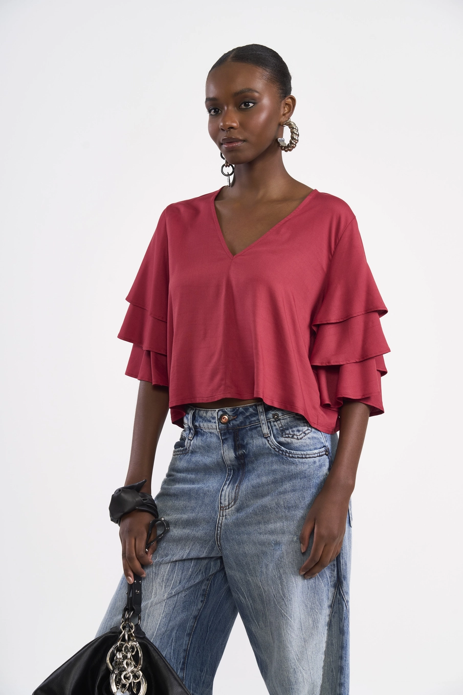 Blusa Cropped Com Mangas De Babados Vermelho