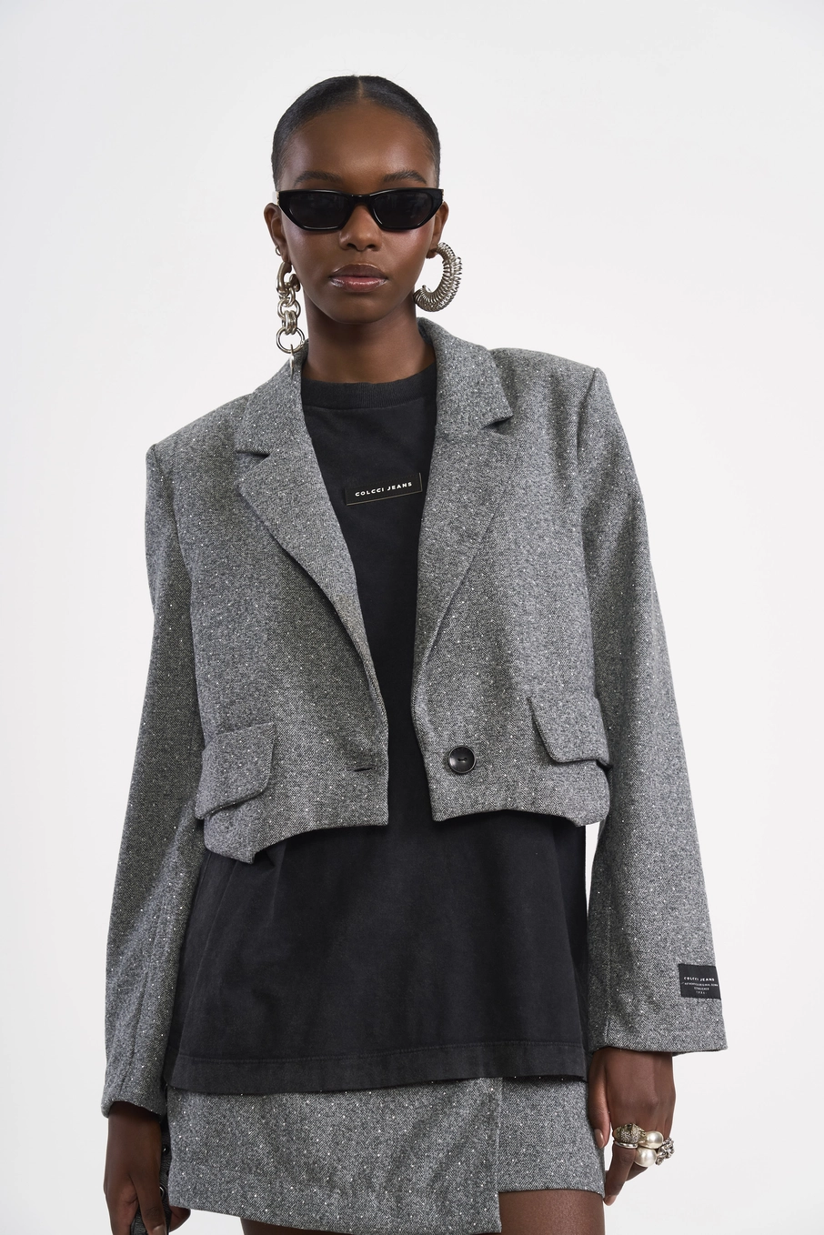 Blazer Cropped Rebel Brilho Cinza