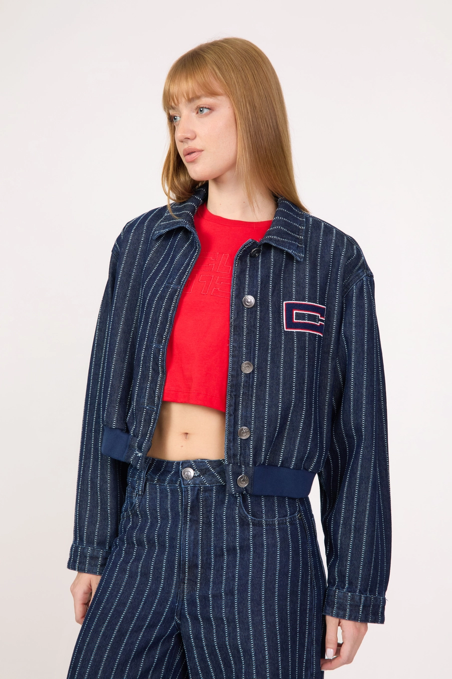 Jaqueta Jeans Bomber Feminina Listrada Estampados 1
