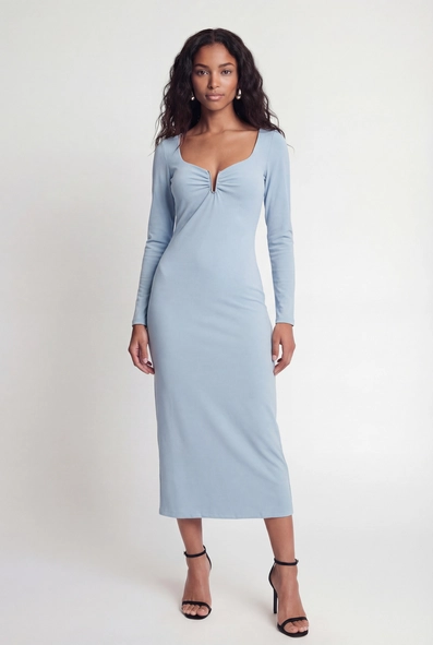 Vestido Midi Slim Manga Longa