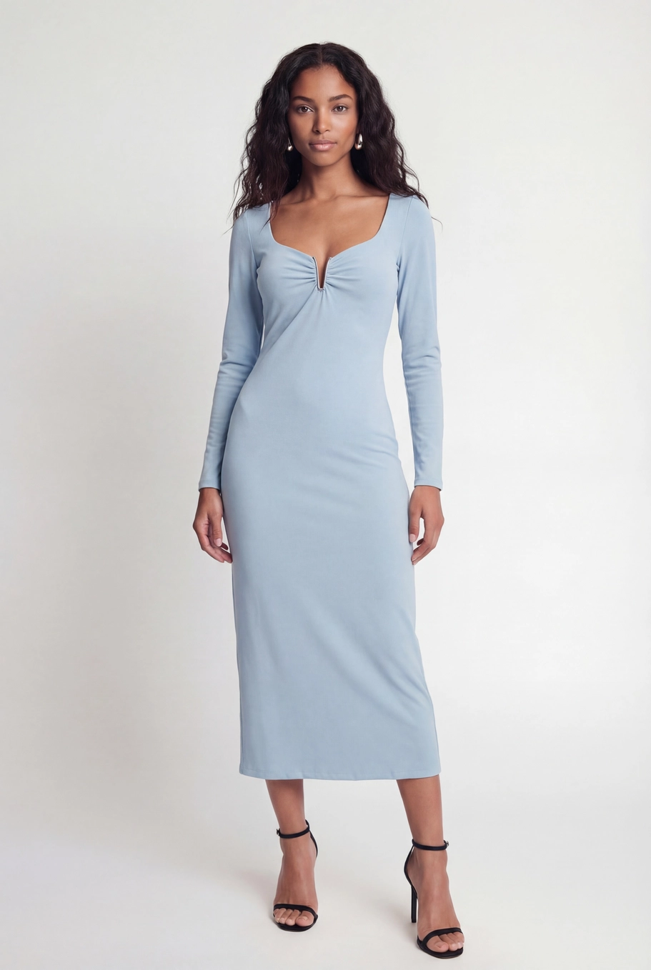 Vestido Midi Slim Manga Longa Azul 2