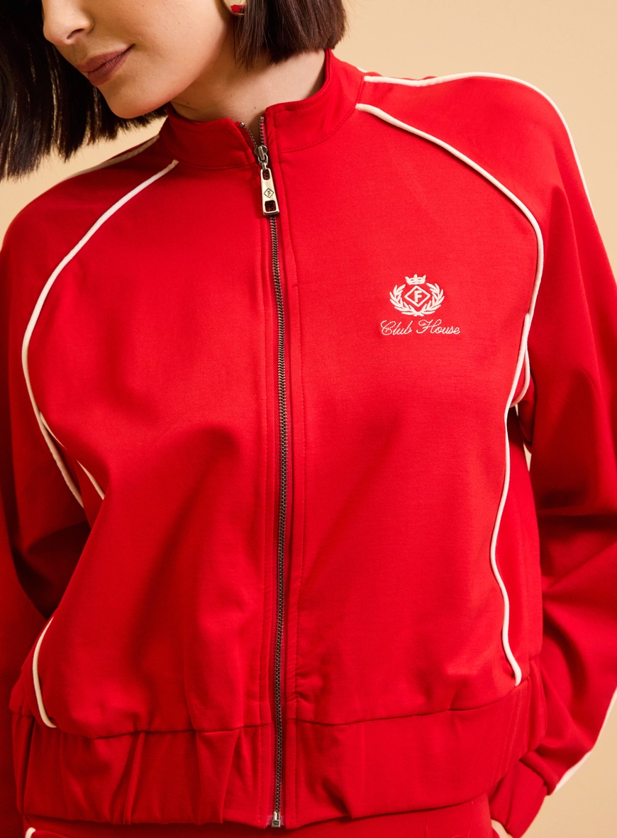 Jaqueta Feminina Gola Dupla Estruturado Contraste Vermelho