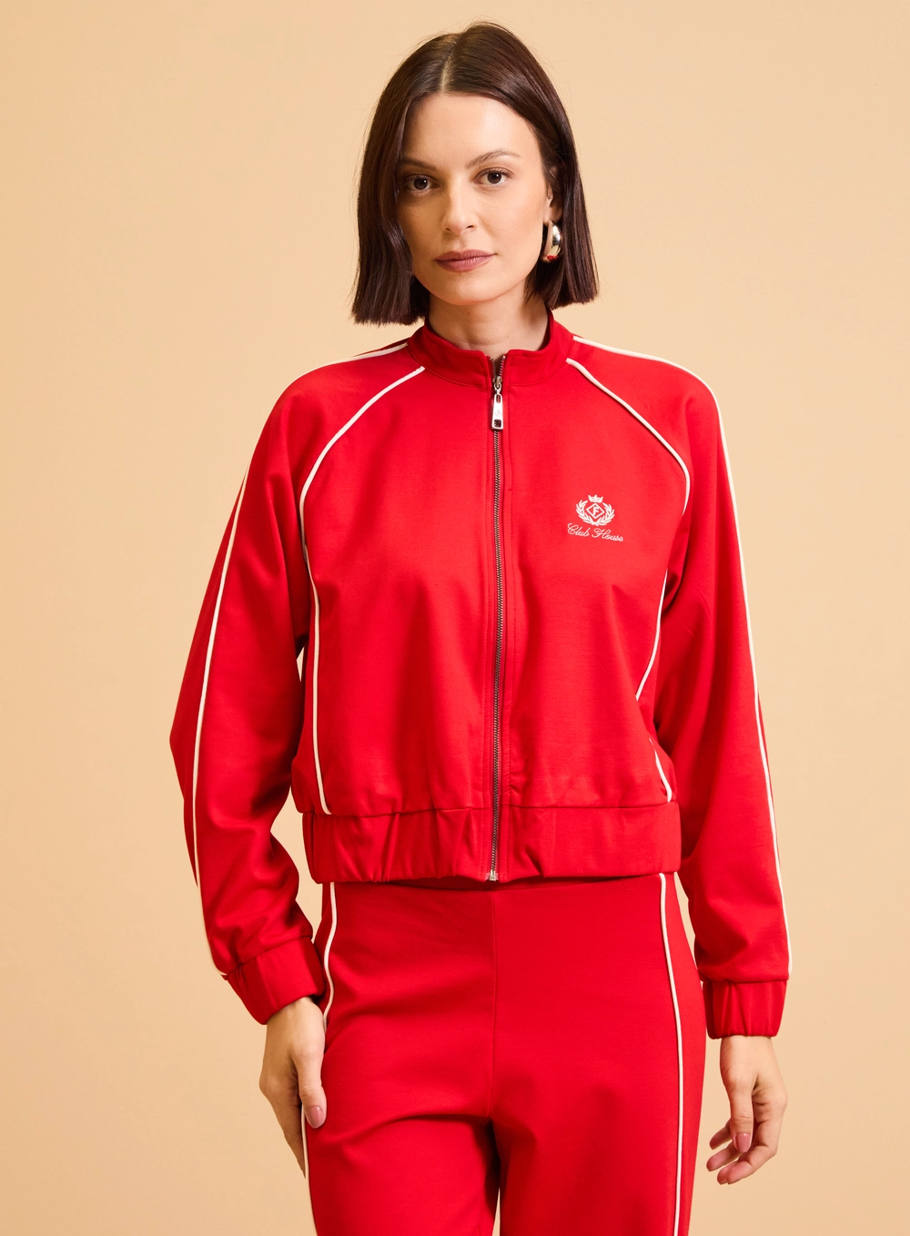 Jaqueta Feminina Gola Dupla Estruturado Contraste Vermelho 1