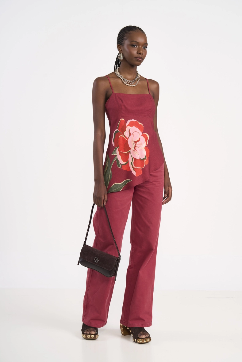 Calça Wide Leg Em Sarja Com Cinto