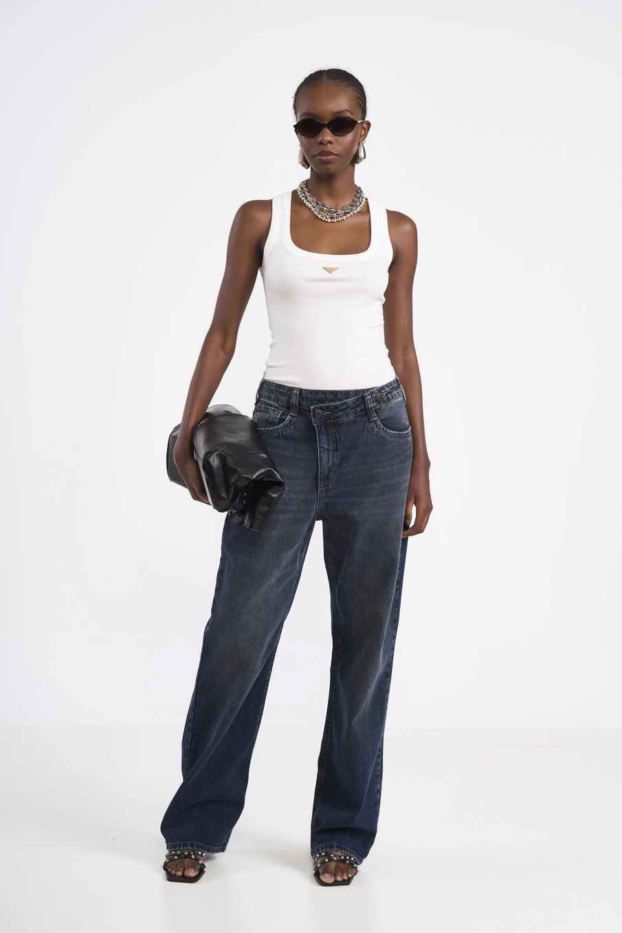 Calça Jeans Wide Leg Cós Assimétrico Índigo