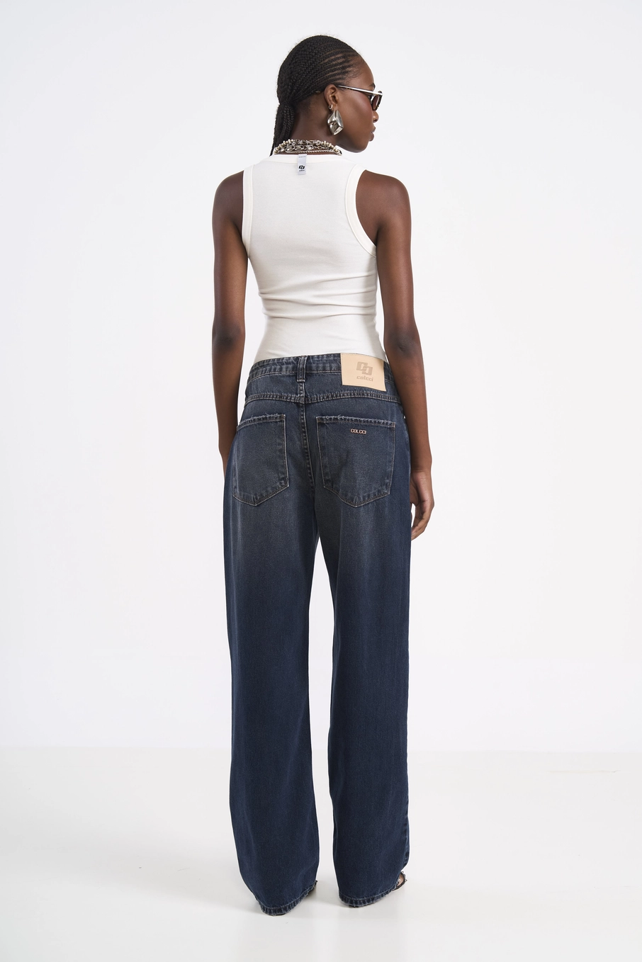 Calça Jeans Wide Leg Cós Assimétrico Índigo