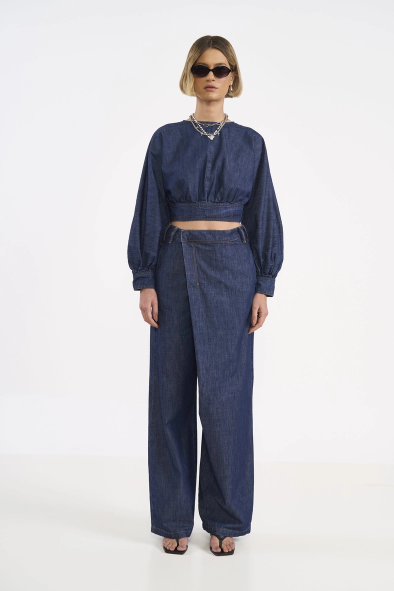 Calça Jeans Wide Leg Transpassada