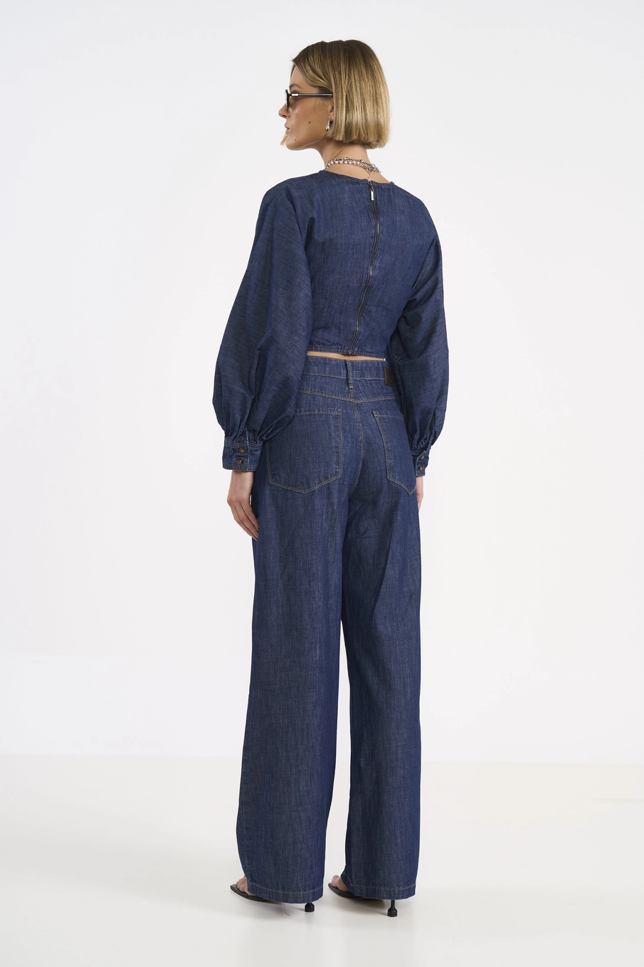 Calça Jeans Wide Leg Transpassada Índigo