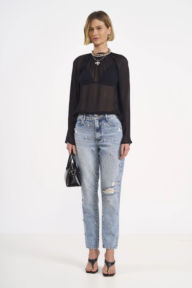 Calça Jeans Bruna Reta Com Bordado Manual