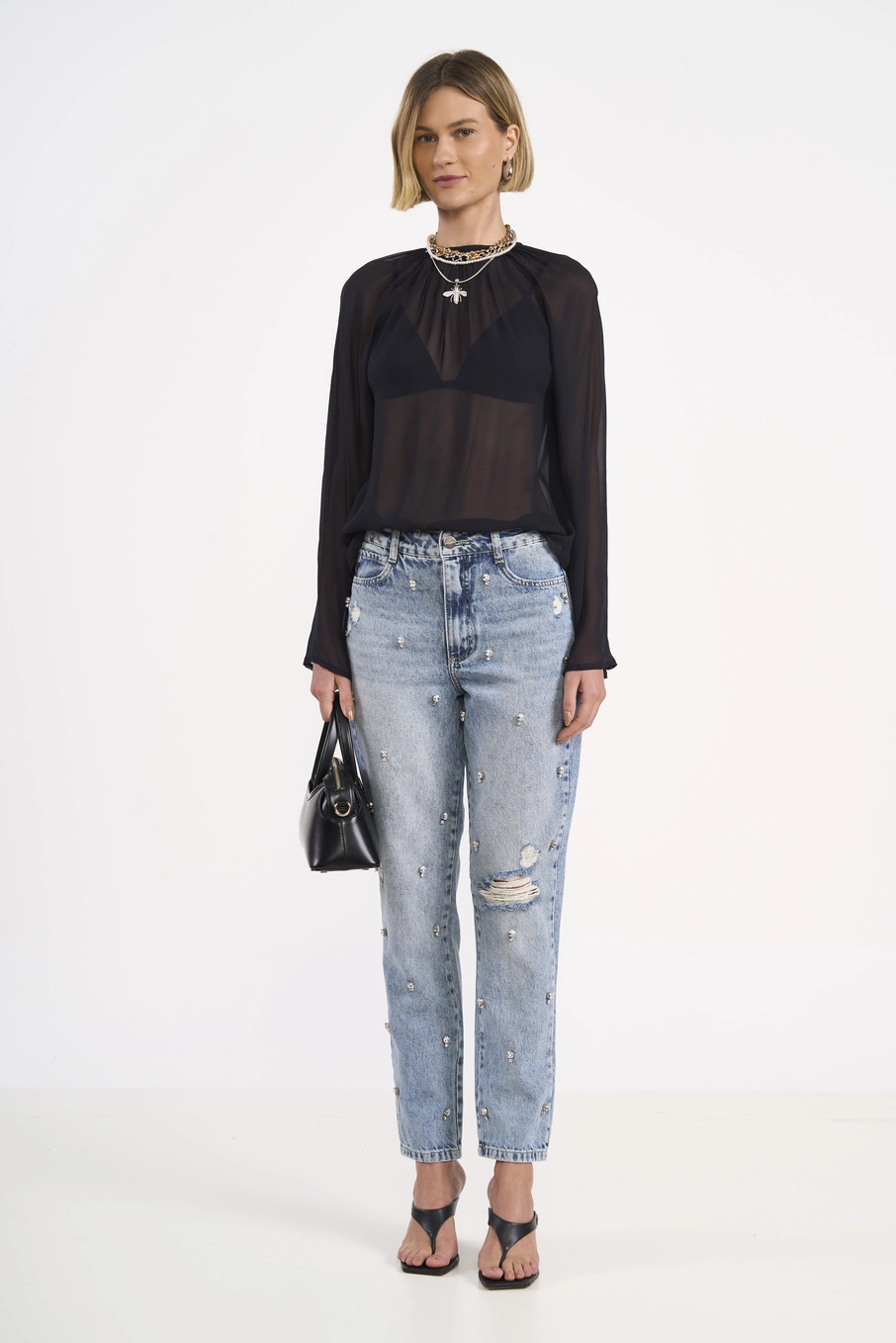 Calça Jeans Bruna Reta Com Bordado Manual Índigo