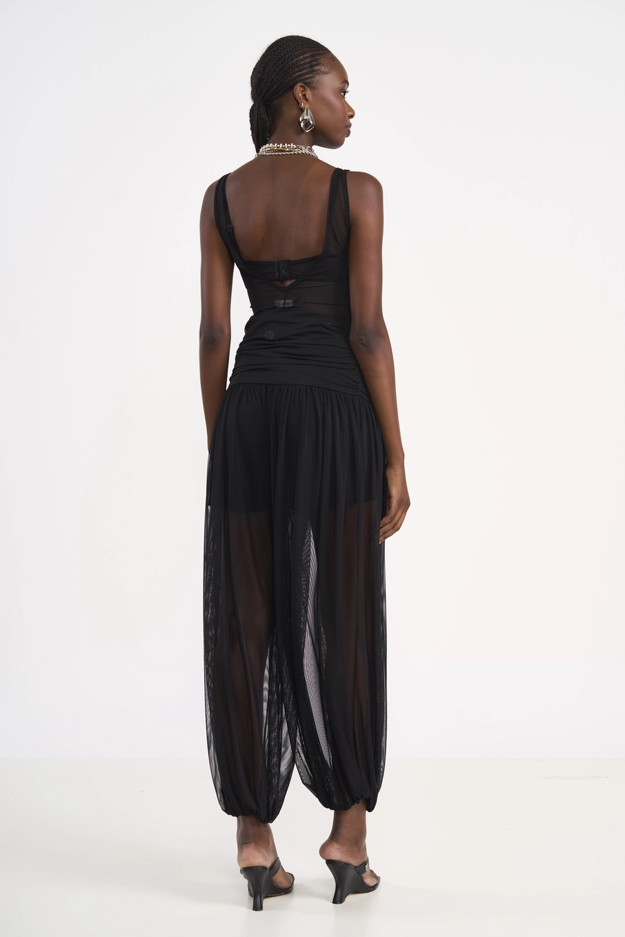 Calça Aladim Em Tule Com Transparência Preto